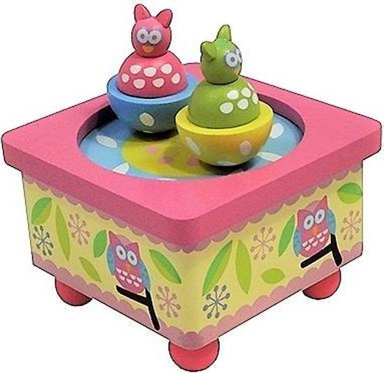 Muziekdoosje hout met dansende uiltjes van Merkloos