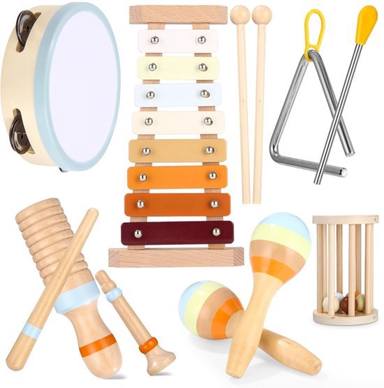 Muziekinstrumenten voor kinderen - 12-delige baby muziekinstrumenten set - Houten speelgoed vanaf 2 jaar - Percussie instrumenten set met xylofoon - Muzikaal speelgoed