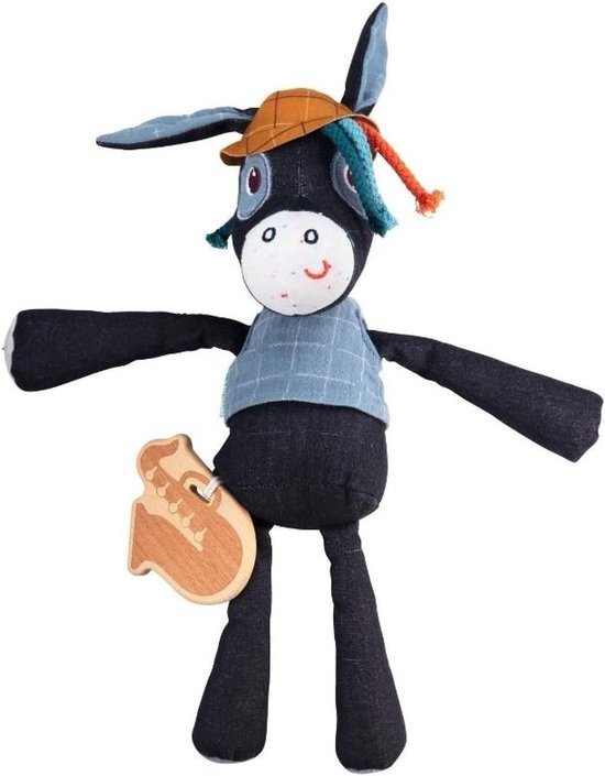Muziekknuffel Ezel - Zachte Knuffel - Slaapliedje Spelen - Houten Saxofoon - 30 cm - Donkerblauw