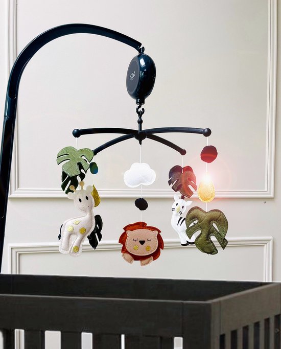 Muziekmobiel Jungle Dieren - Baby Boxmobiel - Gouden Details - Zwarte Muziekmobiel Houder - Muziekdoosje - 10 Melodieën van TEDDYY