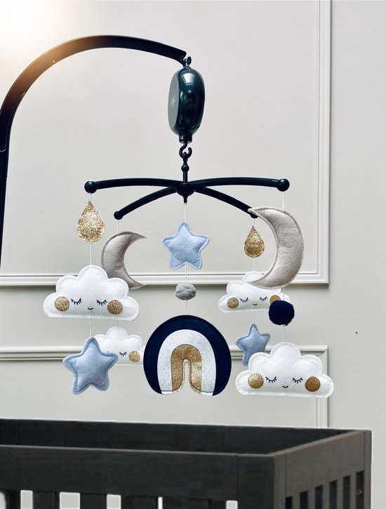 Muziekmobiel Regenboog Blauw - Boxmobiel - Gouden Details - Zwarte Houder - Muziekdoosje - 10 Melodieën van Mevrouw Aardbei