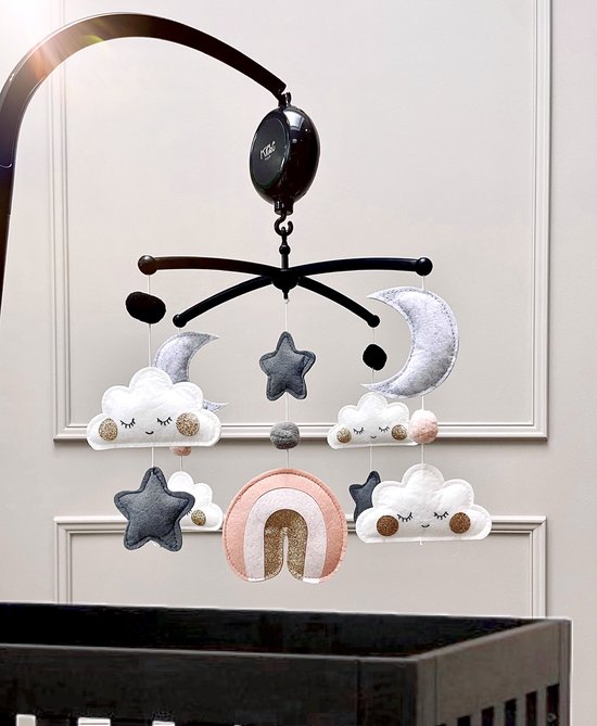 Muziekmobiel Regenboog Roze - Baby Boxmobiel - Rosé Gouden Details - Zwarte Houder - Muziekdoosje - 10 Melodieën van Merkloos