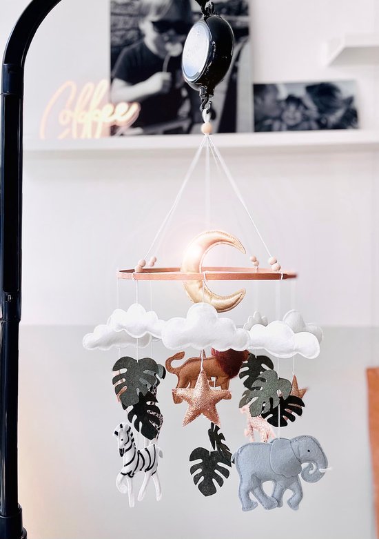 Muziekmobiel Tiny Zoo - Gouden Details - Boxmobiel - Safari Dieren - Zwarte Houder - Muziekdoosje - 10 Melodieën van Merkloos
