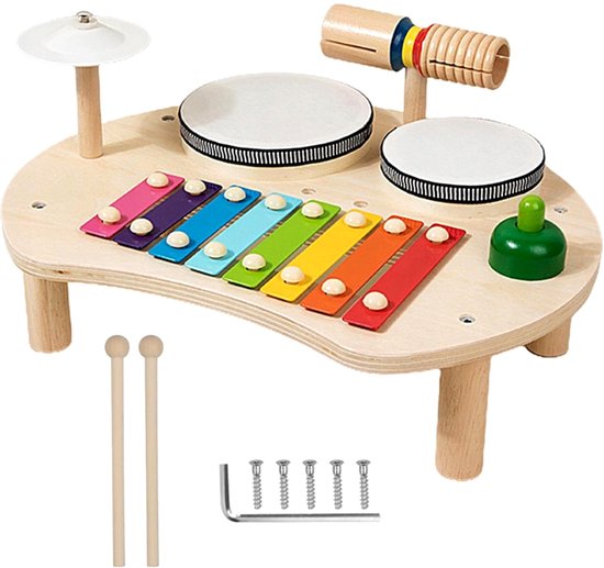 Muziektafel - Houten trommelspeelgoed - Percussietafel met trommel en xylofoon - Montessorispeelgoed - Educatief speelgoed voor kinderen - Houten muziekspeelgoed - Cadeau voor kinderen