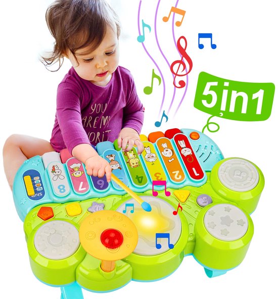 Muzikaal Speelgoed Voor Baby's - 5-In-1 Piano, Keyboard, Xylofoon En Drumstel - Speelgoed Voor Meisjes En Jongens Van 1 Jaar - Muziekinstrumenten Voor Peuters Van 0-2 Jaar - Verjaardagscadeau, Paascadeau, Babyspeelgoed