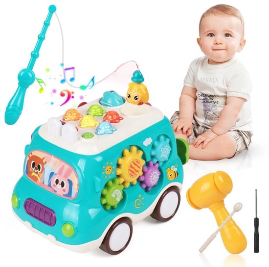 Muzikale activiteitenbus Speelgoed voor jongens van 1 jaar, Montessori speelgoedauto met xylofoon voor kinderen, muzikaal speelgoed voor baby's, Montessori educatief speelgoed en spellen voor 1-2 jaar, cadeau voor een babyjongen of meisje (blauw)