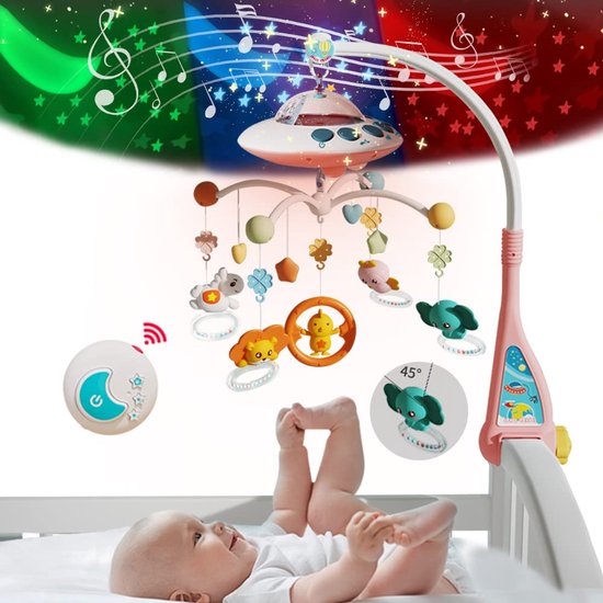 Muzikale Babywiegmobiel met Nachtlampjes en Rustgevende Muziek - Hangende Draaiende Rammelaars - met Muziek, Licht, Afstandsbediening en Draaifunctie - voor Jongens en Meisjes, Speelgoed voor Pasgeboren Baby's (Roze)