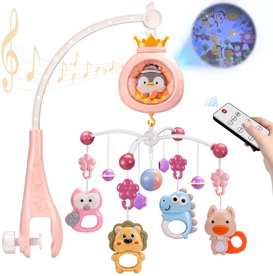Muzikale Wiegmobiel met Afstandsbediening – Licht & Muziek – Draagbare Baby Mobiel met Clip – Voor Wieg, Ledikant & Box – Roze