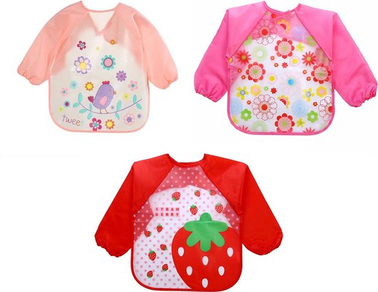 MY - 3 Stuks - Baby Slabbetjes met Mouwen - Aardbei Vogel Bloemetjes - Waterproof van MY