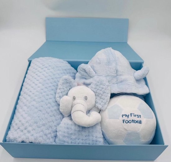 | My First | Baby Geschenkset Jongen | Newborn cadeau |Luxe Kraamcadeau | Magneetdoos met Fleece Deken | Olifant Knuffel | Badjas | My First Voetbal | Maat M |BLAUW | van Merkloos