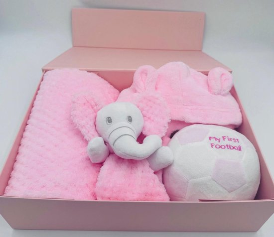 | My First | Baby Geschenkset Meisje | Newborn cadeau |Luxe Kraamcadeau | Magneetdoos met Fleece Deken | Olifant Knuffel | Badjas | My First Voetbal | Maat M |ROZE | van Merkloos