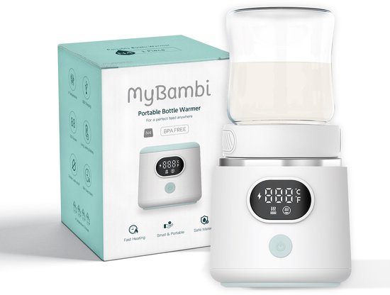 MyBambi® Baby Flessenwarmer Onderweg – Draagbaar en Compact – Voor Moedermelk & Flesvoeding – Incl. 3 Adapters – 4 Temperatuurstanden