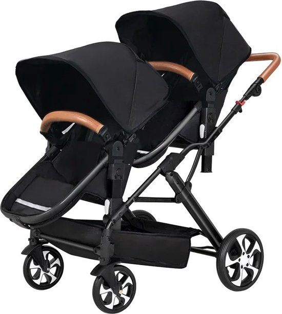 Mygroot - Tweeling Kinderwagen - Duo Buggy - incl. 2 omvormbare zitjes & reiswiegjes - Geschikt voor 1 of 2 kindjes vanaf geboorte tot 22kg - Opvouwbaar - Zwart. van $