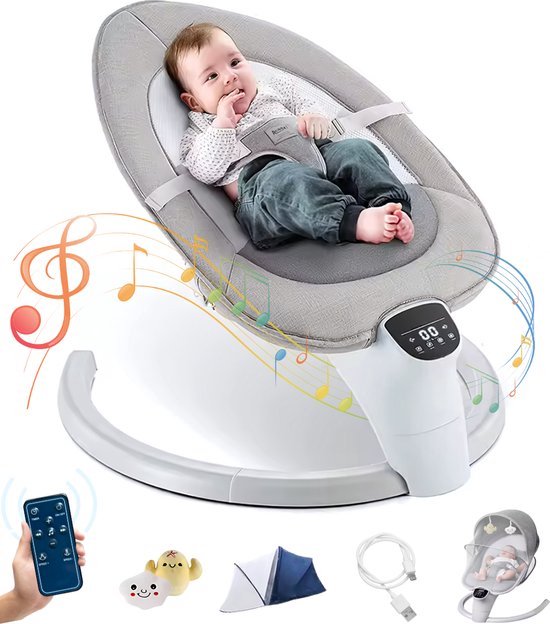 Mygroot - Wipstoel Elektrisch - Babyschommel - Schommelstoel - Baby Swing - Wipstoeltjes - Speaker en Afstandsbediening - Uitneembare Wasbare Wipstoelhoes - Inclusief klamboe. van MY