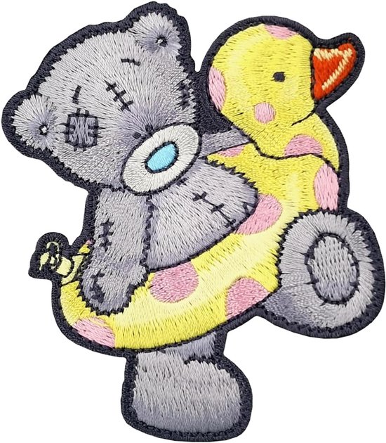 Naaipatch met beer - Appliqué patch - Kleding versieren - Met eend design - Grijs en geel