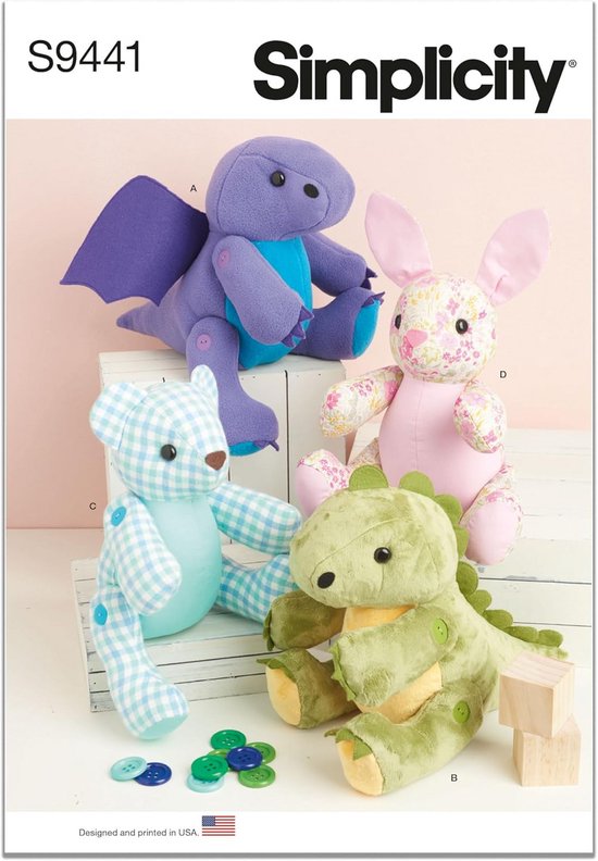 Naaipatroon Knuffelbeestjes - Draak, Dinosaurus, Beer & Konijn - 33 cm