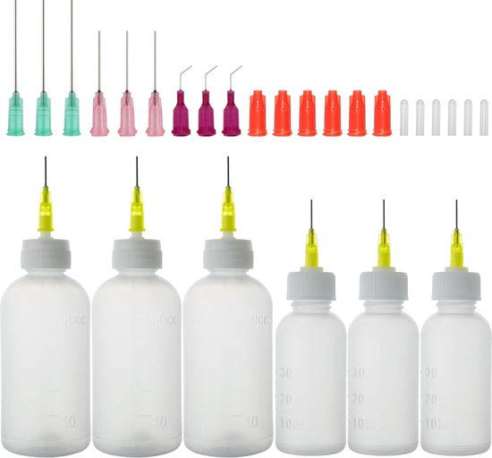 Naaldflesjes 30/50 ml, precisiepunt applicatorflesjes met 15 doseernaalden en 12 doppen voor het bijvullen van knutsellijm. van N/A