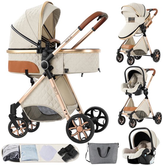NaevaMi Kinderwagen 3-in-1 - Buggy - Multifunctionele Kinderwagen 3in1 - Lichtgewicht Kinderwagen - Multifunctionele Kinderwagen met Aluminium Frame - Kinderwagen Maxi Cosi - Kinderwagens & Buggy's - 6 Extra Accessoires - Wit/Goud - 0-20kg van Merkloos