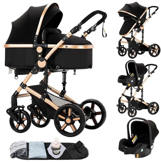 NaevaMi Luxe 3-in-1 Kinderwagen - Buggy - Inclusief Autostoeltje - Reiswieg - Inklapbaar - Lichtgewicht Kinderwagen Reissysteem - Multifunctionele Kinderwagen met Aluminium Frame - 0-36 maanden - Kinderwagen 3 in 1 - Maxi Cosi - Zwart Goud van Merkloos
