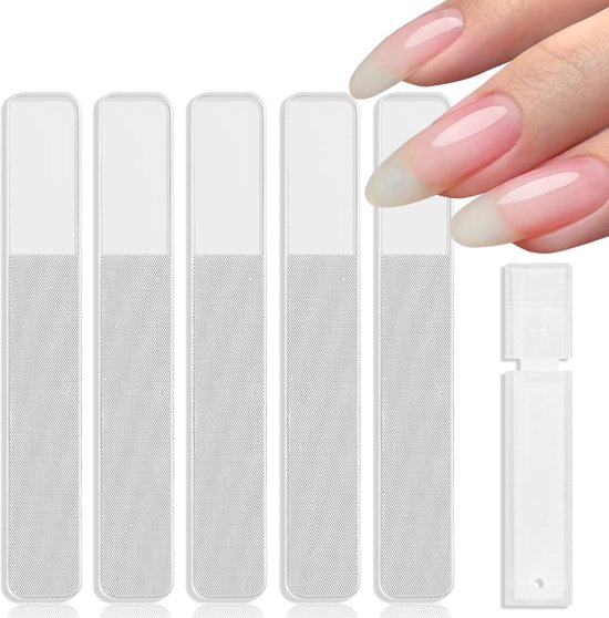 Nagelvijl-Polijstvijl-nagelverzorging -Glazen nagelvijltjes met etui (5 stuks) - Herbruikbare kristallen nagelvijltjes - voor natuurlijke nagels, afwasbare dubbelzijdige nanoglas nagellak, professionele nagelvijl - 9x1,3cm van Merkloos