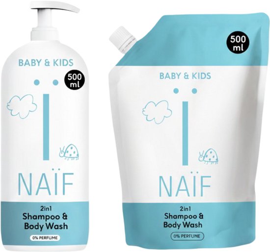 Naïf - 2-in-1 Shampoo & Body Wash - 0% Parfum - Fles 500 ml+ Refill 500ml van Merkloos