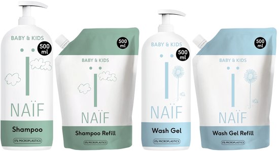 Naïf - Baby Shampoo & Baby Wasgel Voordeelset - Pompfles en Navulverpakking - Baby's & Kinderen - met Natuurlijke Ingrediënten - 4x500ml van Naïf