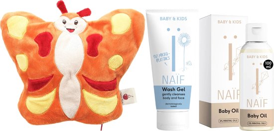 Naif Cadeauset Baby Care & Cherry Belly - Naif Baby & Kids Babyolie 100ml Soothing - Naif Baby & Kids Washgel 200ml - Cherry Belly Baby Warmteknuffel Vlinder van Naïf