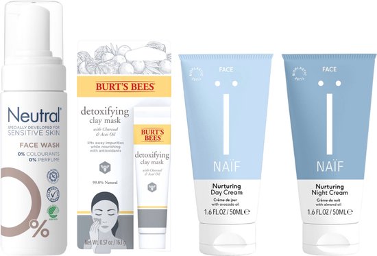 Naif Cadeauset Face Self Care Luxe - Naif Hydrate Dagcreme 50ml Nurturing - Naif Hydrate Nachtcreme 50ml Nurturing - Neutral Face Wash Lotion 150 ml - Burt's Bees Masker Tube Detoxifying Clay