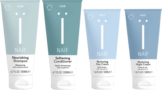 Naif Cadeauset Self Care Compleet Face & Hair - Naif Hydrate Dagcreme 50ml Nurturing - Naif Hydrate Nachtcreme 50ml Nurturing - Naif Hair Shampoo 200ml Nourishing - Naif Hair Conditioner 200ml Softening van Naïf
