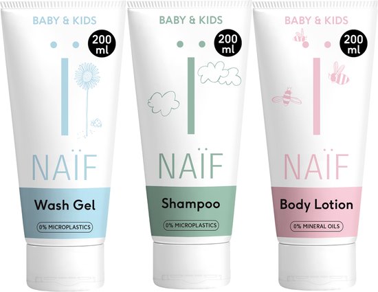 Naïf - Douche Essentials Set - Voordeelset - Baby's & Kinderen - Wasgel, Shampoo en Bodylotion - Met ingrediënten van natuurlijke oorsprong van Naïf