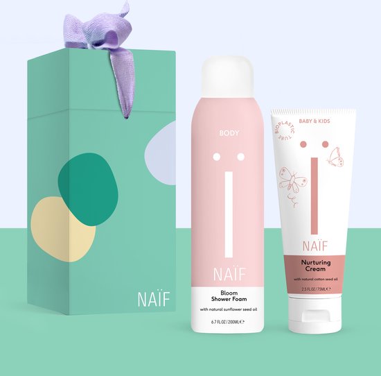 Naïf - Mini & Me Time Geschenkset - 2 Producten - Doucheschuim 200ml & Vette Crème 75ml - met Natuurlijke Ingrediënten - Cadeauverpakking