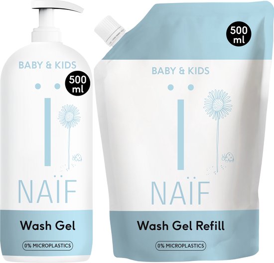 Naïf - Reinigende Wasgel - Pompfles en Navulverpakking - 2x500ml - Baby's & Kinderen - met Natuurlijke Ingrediënten van Naïf