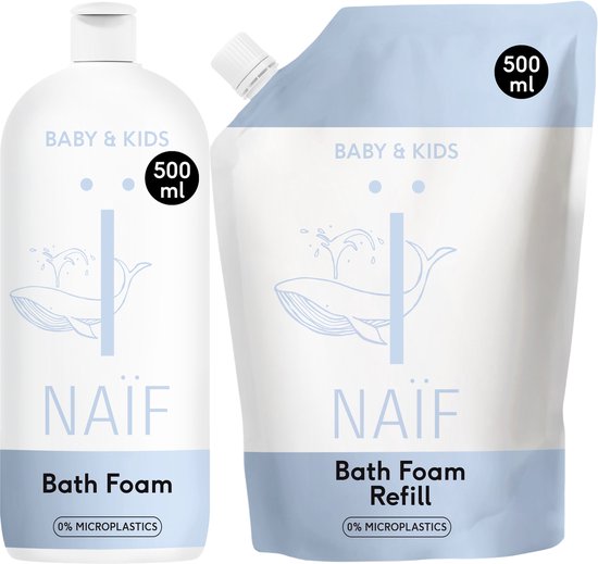 Naïf - Verzorgende Badschuim Fles & Navulverpakking - Baby's & Kinderen - met Natuurlijke Ingrediënten - 2x500ml van Naïf
