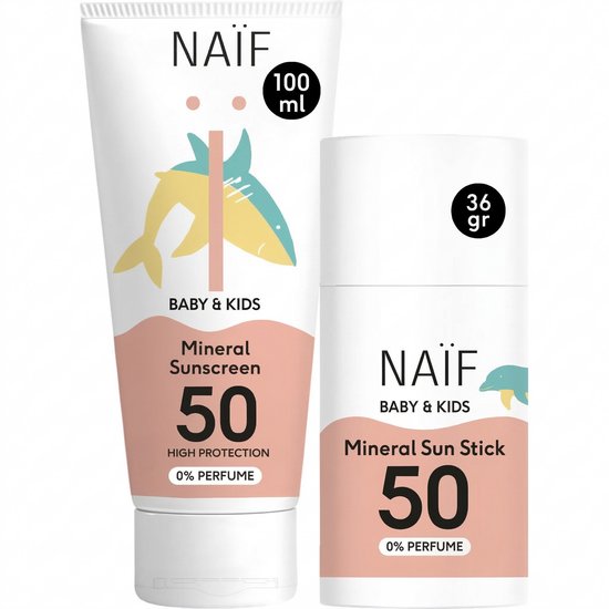 Naïf Zonnebrandcrème SPF50 100ml + Zonnebrand stick SPF50 36g – Zonder Parfum – UVA & UVB Bescherming – Waterbestendig – Voor Baby & Kind – Voordeelset van Merkloos