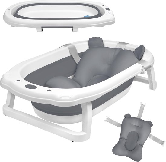 NAIZY Babybadje Opvouwbaar babybadje met frame en badmat Antislip draagbaar babybadje voor pasgeboren kinderen (Grijs) van Merkloos