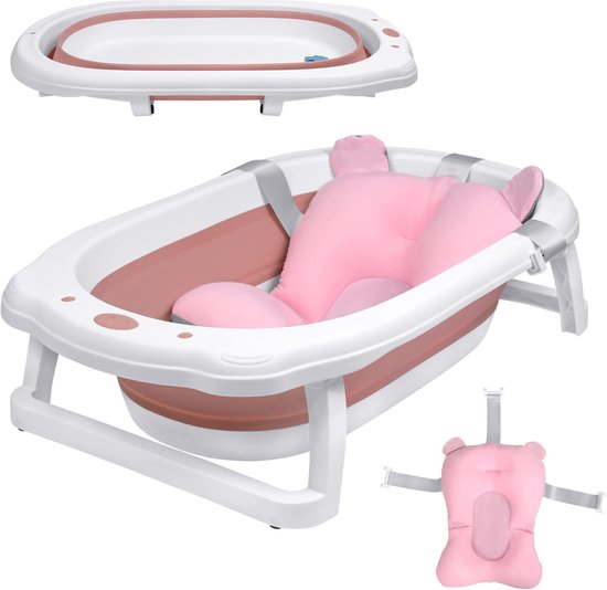 NAIZY Babybadje Opvouwbaar babybadje met frame en badmat Antislip draagbaar babybadje voor pasgeboren kinderen (Roze) van Merkloos