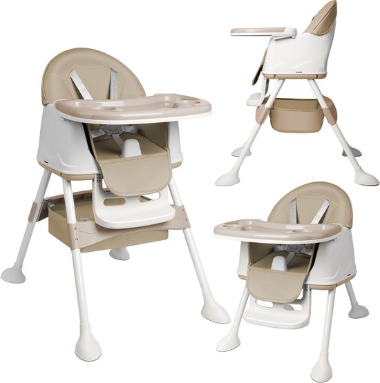 NAIZY Kinderstoel Babystoel 3-in-1 Multifunctionele Eetkamerstoel met 5-punts veiligheidsgordel, Dubbel Blad en Afneembaar Kussen, Beige van NAIZY