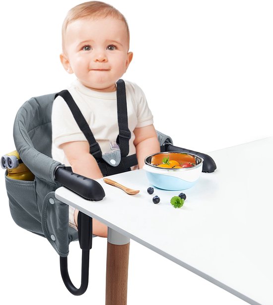 NAIZY Tafelstoel Baby Grijs Booster Seat Kinderstoel Opvouwbaar met Antislip Handvat & Veiligheidsgordel & Opbergzakken Kinderstoel voor 2-8cm Dikke Tafel