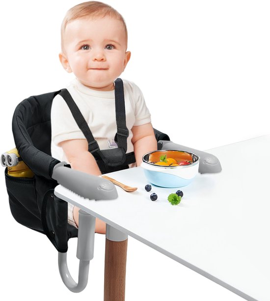 NAIZY Tafelstoel Baby Zwart Booster Seat Kinderstoel Opvouwbaar met Antislip Handvat & Veiligheidsgordel & Opbergzakken Kinderstoel voor 2-8cm Dikke Tafel van NAIZY