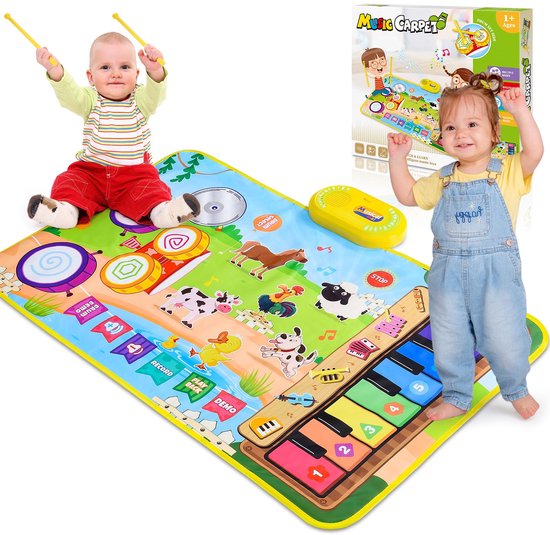 Namajunas - 3 in 1 Muziekmat - Kinderspeelgoed 1 2 3 Jaar - Dansmat - Pianomat - boerderijdier touch speelkleed - Pianoklavier & Drumset met 2 Drumstokken - Cadeau Vroeg Educatief Muzikaal Leerspeelgoed - meisjes en jongens - Babyspeelgoed van Namajunas