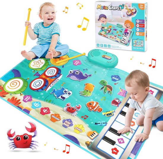 Namajunas - 3 in 1 Muziekmat - Kinderspeelgoed 1 2 3 Jaar - Dansmat - Pianomat - Speelkleedje met zeedierenmotief - Pianoklavier & Drumset met 2 Drumstokken - Cadeau Vroeg Educatief Muzikaal Leerspeelgoed - meisjes en jongens - Babyspeelgoed van Namajunas