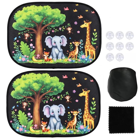 Namajunas - Zonnescherm auto baby - UV Protectie voor kind - Zonwering zijruiten met 8 zuignappen - 44 x 36 cm - 2 stuks - Met opbergtas en microvezeldoek - Zonwering Auto - UV-bescherming - Bosdieren