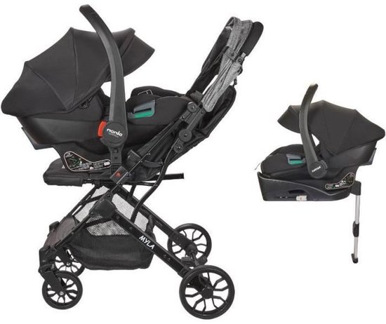 NANIA - 2-in-1 Combinatiekinderwagen met Rimini Autostoel + Isofix Basis - MYLA - 4 Wielen - Zwart van Merkloos