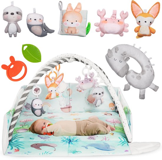 Natural Bamboe Babygym & Speelmat met Speelboog - 8 Sensorisch Baby Speelgoed & Tummy Time Kussen - vanaf 0 Maanden - Opstaande Rand - Montessori Babyshower Cadeau - Interactief & Educatief Speelkleed - Activiteitenkussen - Speelkussen - Kraamcadeau van Merkloos