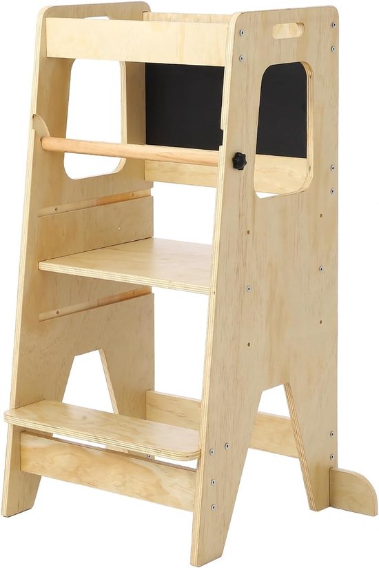 Natuurlijk houten kindervoetkruk hoogteverstelbaar platform, leerkruk voor peuters, veiligheidsbeugel + schrijfbord voor keuken en badkamer