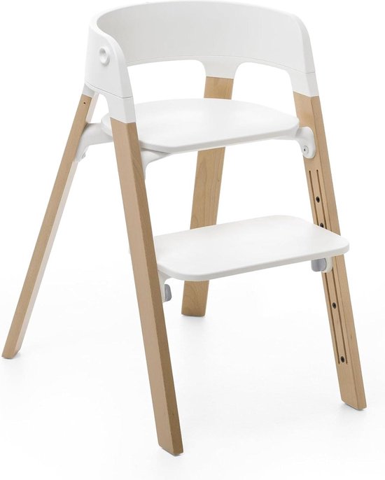 Natuurlijke pootjes en witte zitting stoel Steps - 5-in-1 zitsysteem - Voor newborn en peuters - Kinderstoel tot 85 kg - Verstelbaar zonder gereedschap van Stokke