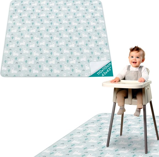 Navarias waterdichte antislip baby knoeimat - Kleed voor onder de kinderstoel - 110 x 110 cm - Picknickmat, baby speelmat en knutselmat - Alpaca print van Navarias