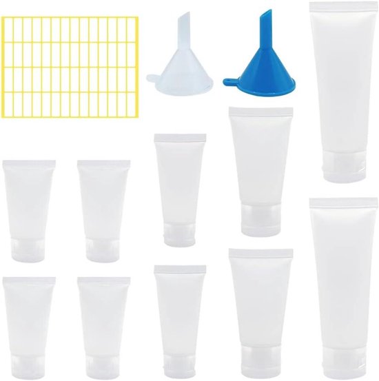 Navulbare Knijpflessen Set van 10 - Reisflessen voor Toiletartikelen - Transparante Plastic Flessen met Trechter - Ideaal voor Conditioner - Verschillende Maten (15ml/20ml/30ml/50ml)