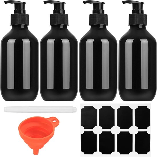 Navulbare Lege Dispenserflessen voor Keuken en Badkamer - 4 stuks - 300 ml - Met Lotionpomp - Inclusief Etiket en Pen - Zwarte Zeepdispenser