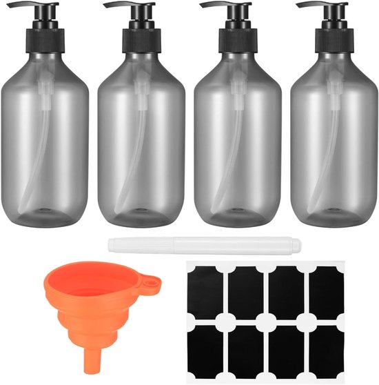 Navulbare Shampoo Dispenser Flessen Set voor Keuken en Badkamer – 4 stuks, 300 ml – Met Lotion Pomp, Label, Pen en Trechter.
